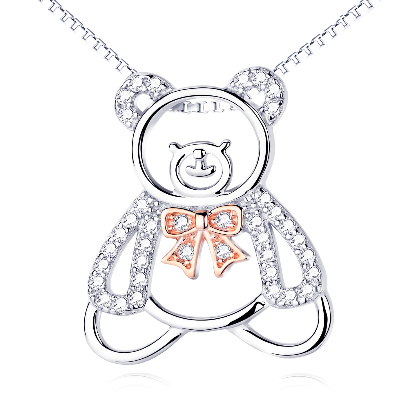 Charming Silver Bear with a Pink Bow Necklace
