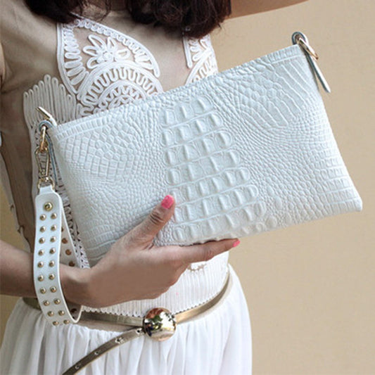 Elegant white leather envelope clutch with embossed finish