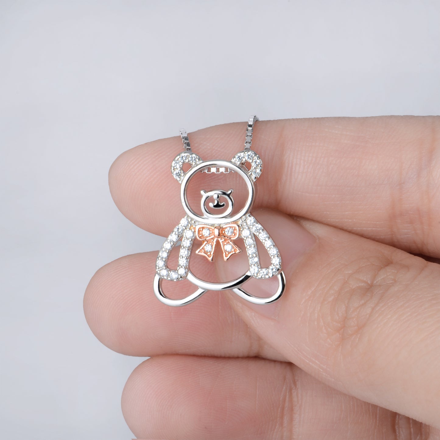 Charming Silver Bear with a Pink Bow Necklace
